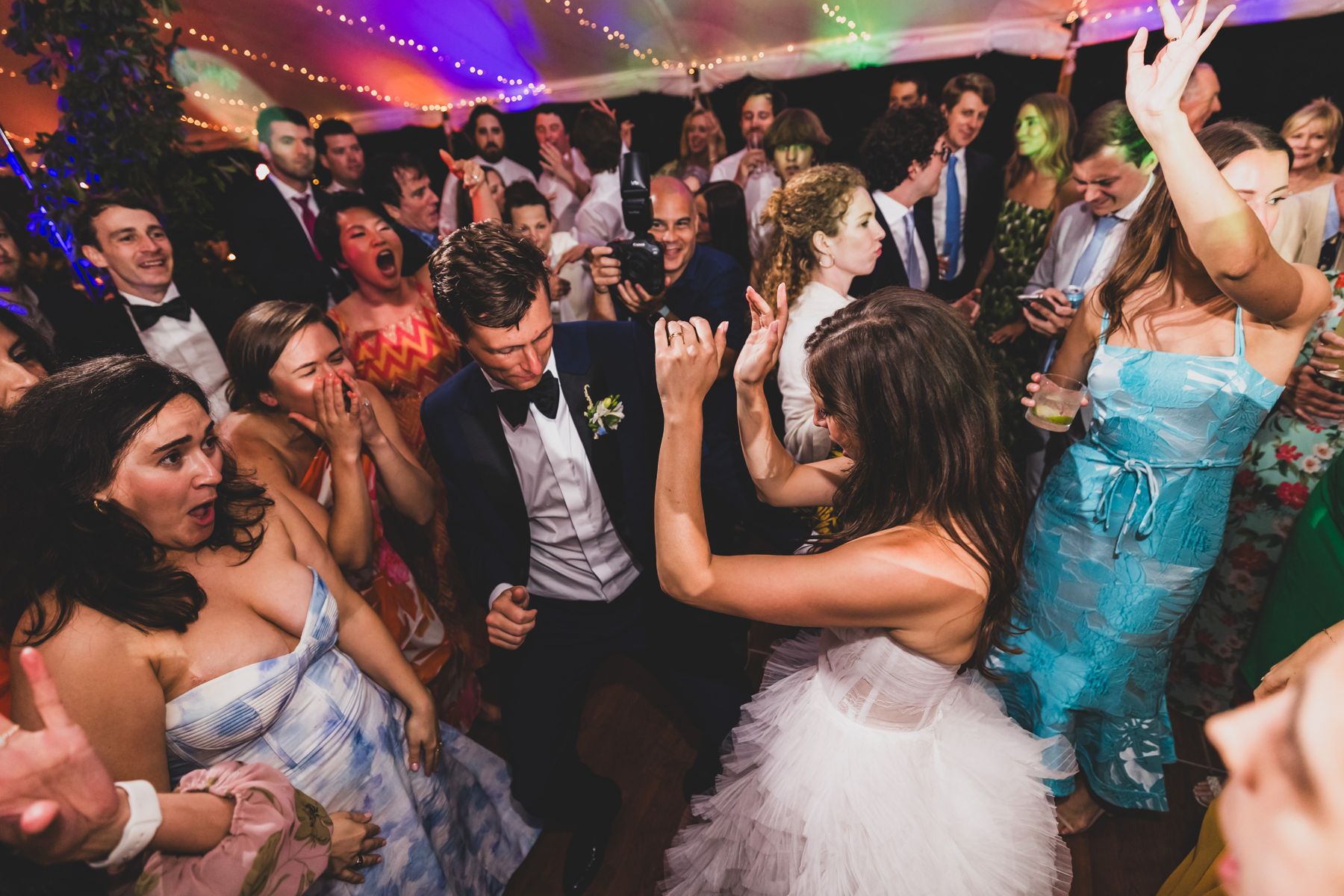 Bride dancing with her guests at a Nantucket reception