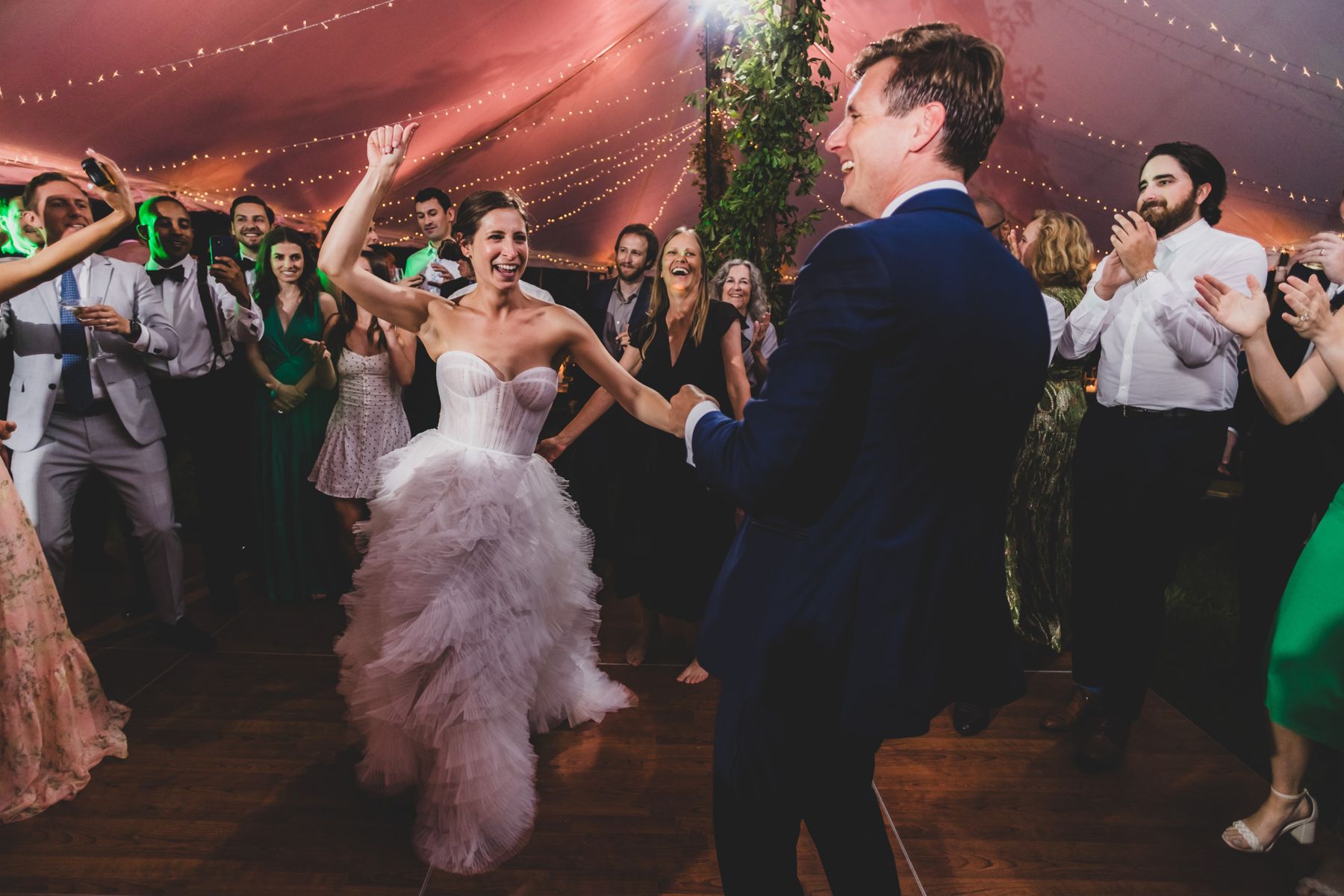 Bride and groom dancing under the tent at their Nantucket wedding